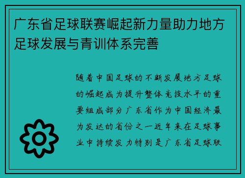 广东省足球联赛崛起新力量助力地方足球发展与青训体系完善