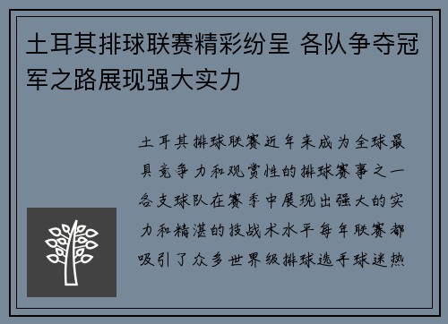 土耳其排球联赛精彩纷呈 各队争夺冠军之路展现强大实力
